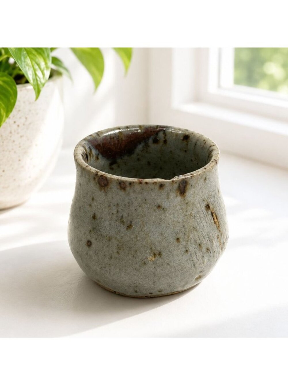 Handmade Vintage Stoneware Ceramic Cup Rustic Glaze Speckled Gray-Brown Small Po